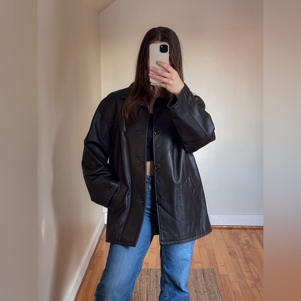 Brown Leather Jacket with Relaxed Fit and Boxy Design